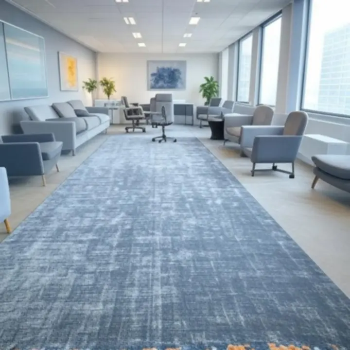 Modern kantoorinterieur met een groot vloerkleed dat werkplekken met elkaar verbindt.