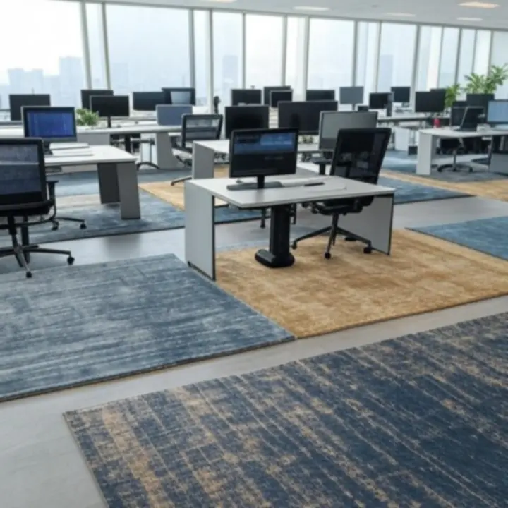 Open kantoorruimte waarin grote vloerkleden verschillende werkzones op een rustige manier structureren.