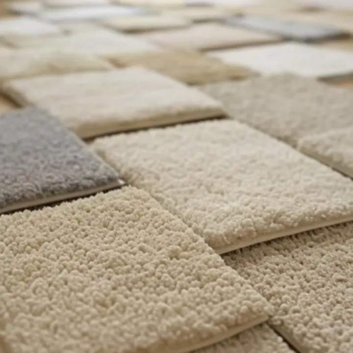 Close-up van verschillende tapijtstructuren met zachte, geweven texturen in neutrale tinten.