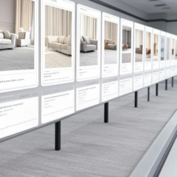 Overzicht van geselecteerde kantoorvloerkleden, gordijnen, akoestische panelen en lounge-meubilair