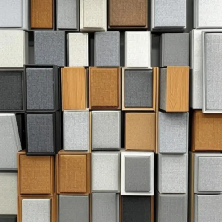 Overzicht van verschillende akoestische panelen in diverse kleuren en texturen