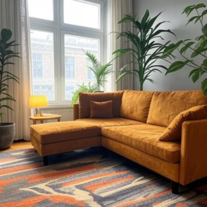 Gezellige loungehoek op kantoor met vloerkleed, loungestoelen en gordijnen.