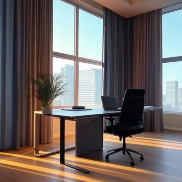 Kantoor met hoge ramen en elegante gordijnen