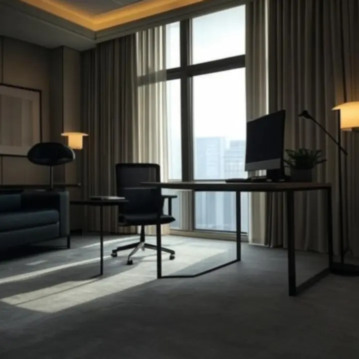 Moderne kantoorruimte met hoge gordijnen langs glazen wanden