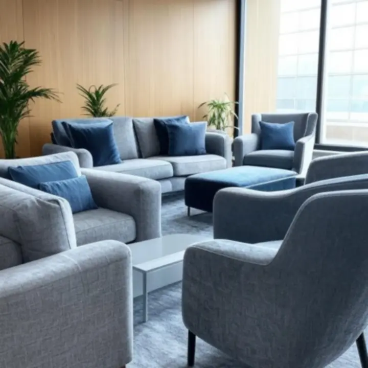 Stijlvolle kantoor lounge met zachte zitmeubels en vloerkleed