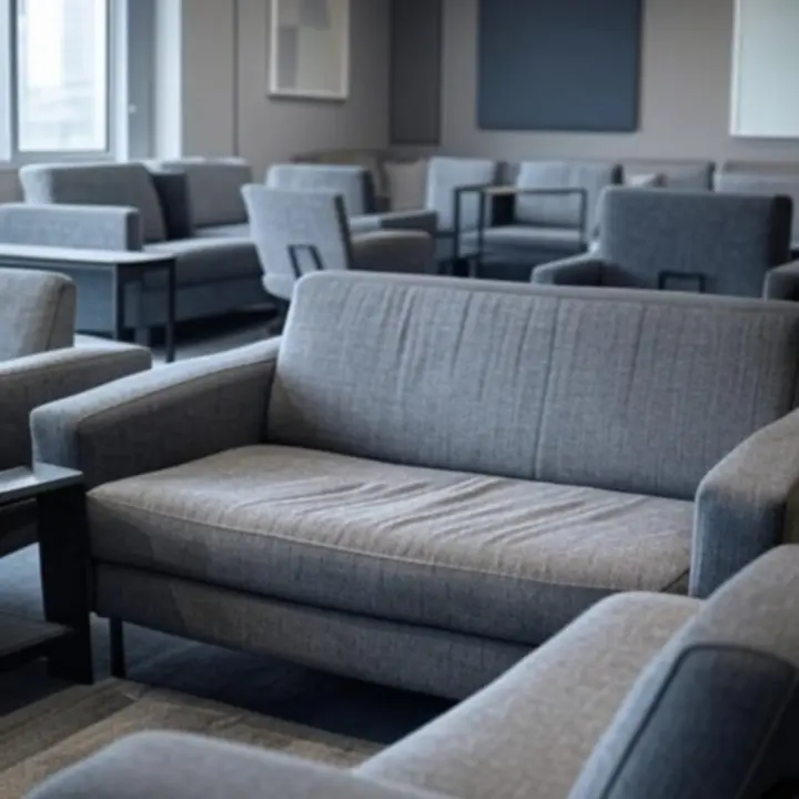 Rustige kantoor lounge met moderne zitbanken en zachte kleuren