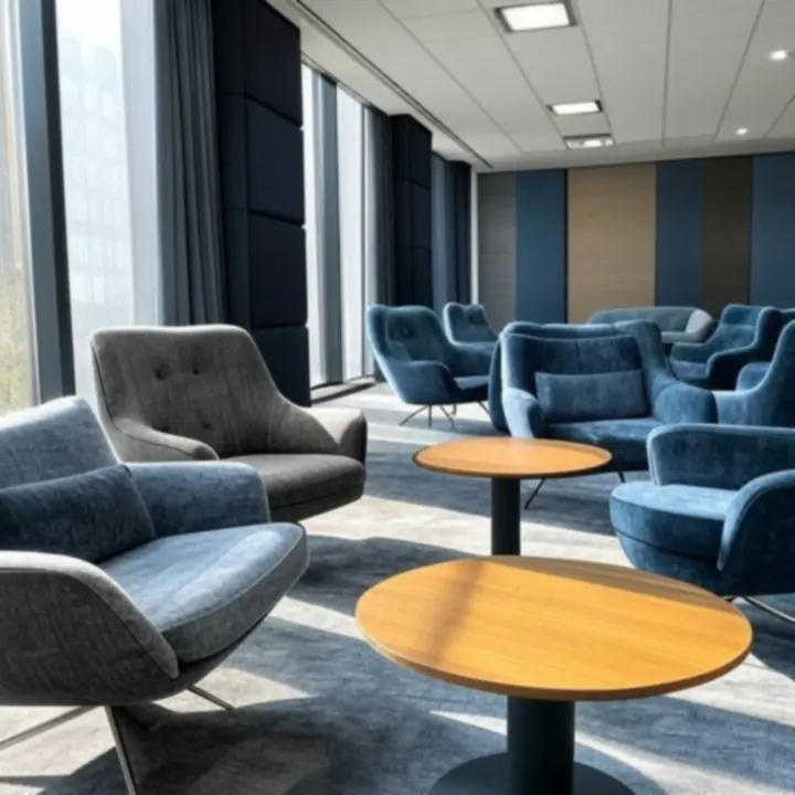 Rustige, moderne kantoorlounge met comfortabele zitmeubels en zachte texturen