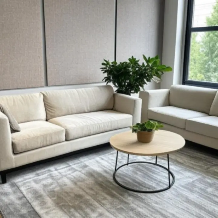 Inspirerende kantoor loungeopstelling met zitbanken, fauteuils en tafels